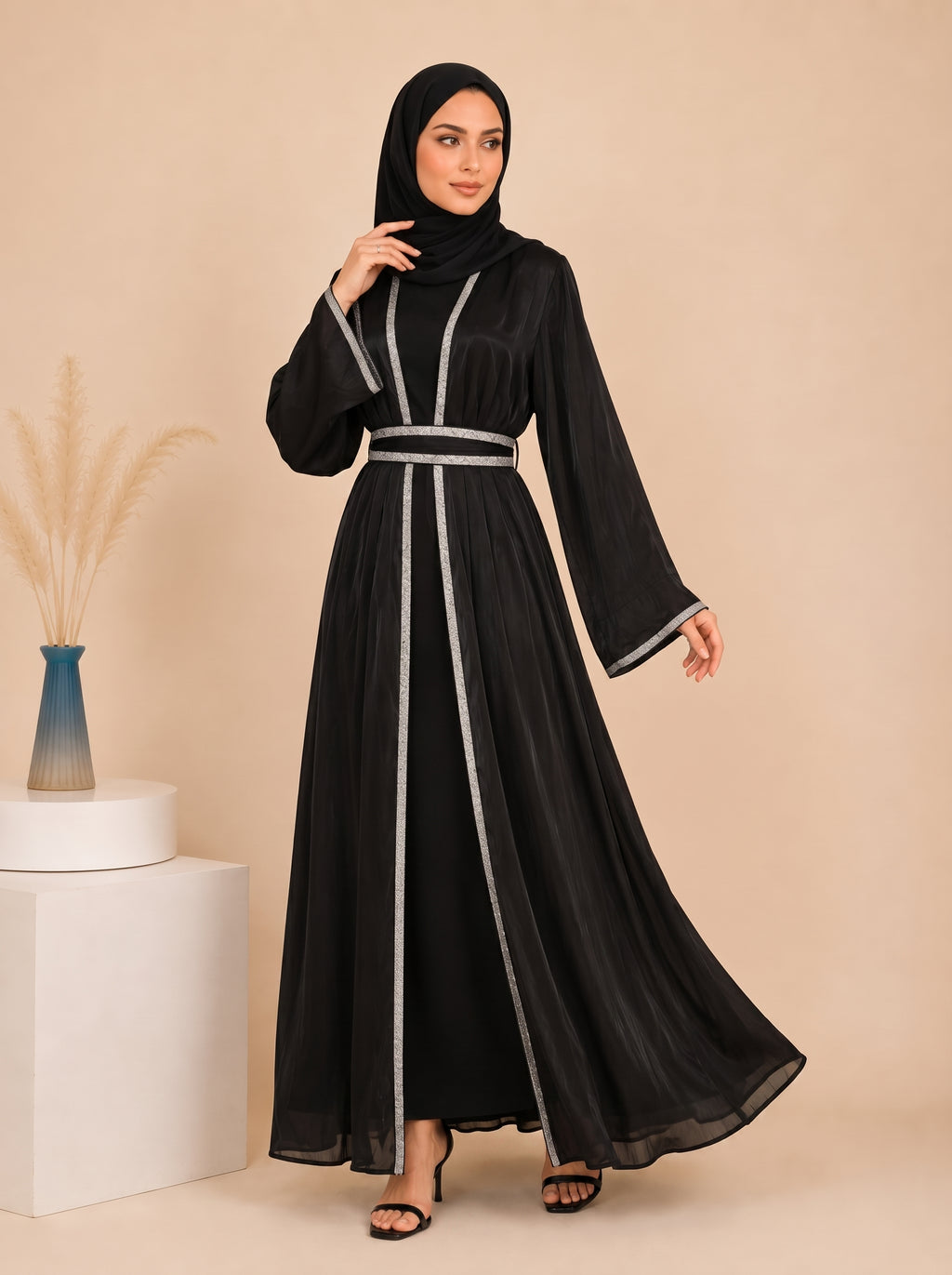 Salamah Lace Embellished Dubai Abaya Set– Black