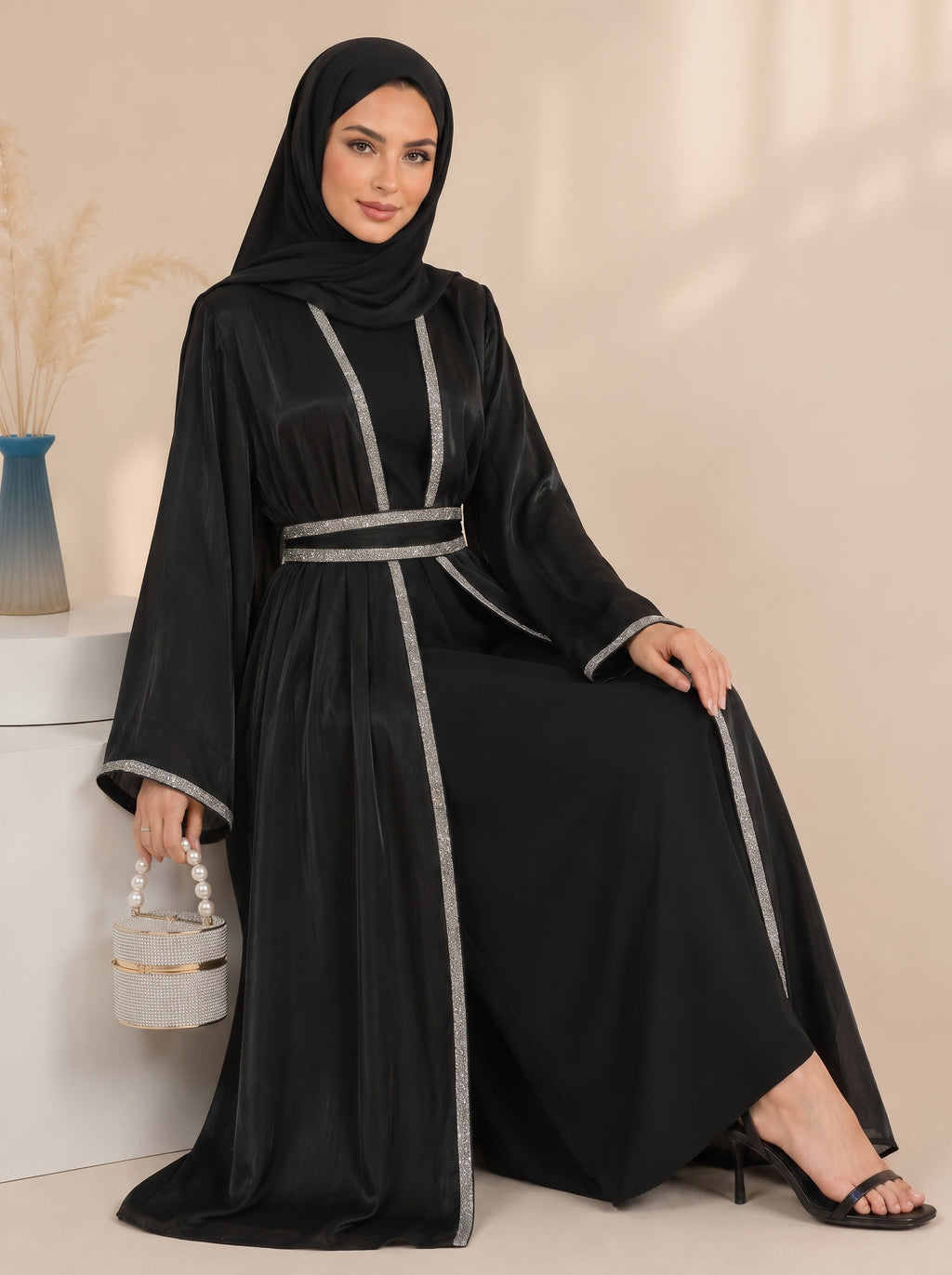 Salamah Lace Embellished Dubai Abaya Set– Black