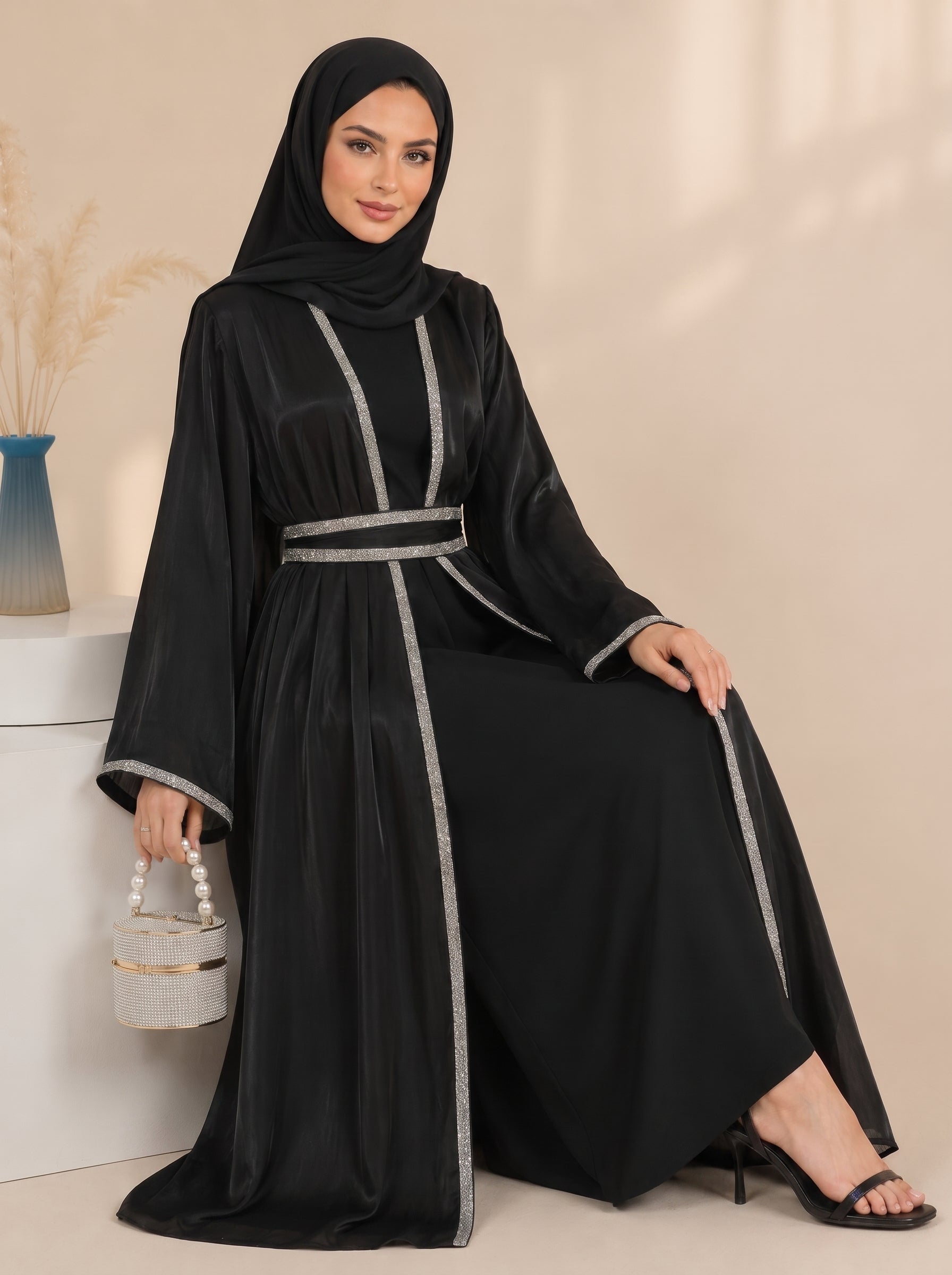 Salamah Lace Embellished Dubai Abaya Set– Black