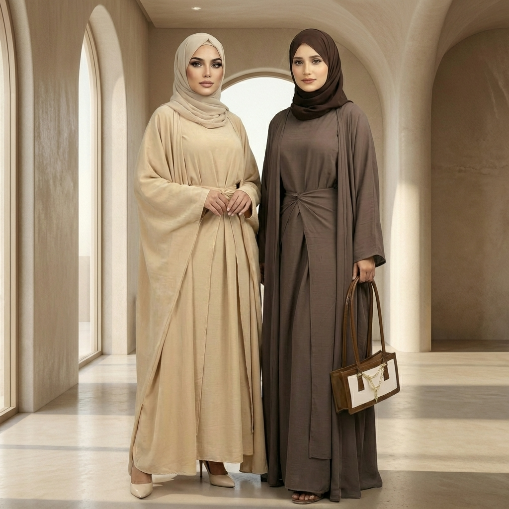The Amber Three-Piece Abaya Set - Beige