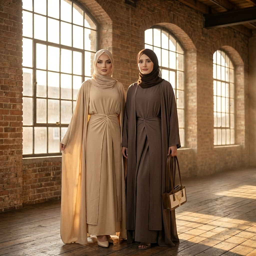 The Amber Three-Piece Abaya Set - Beige