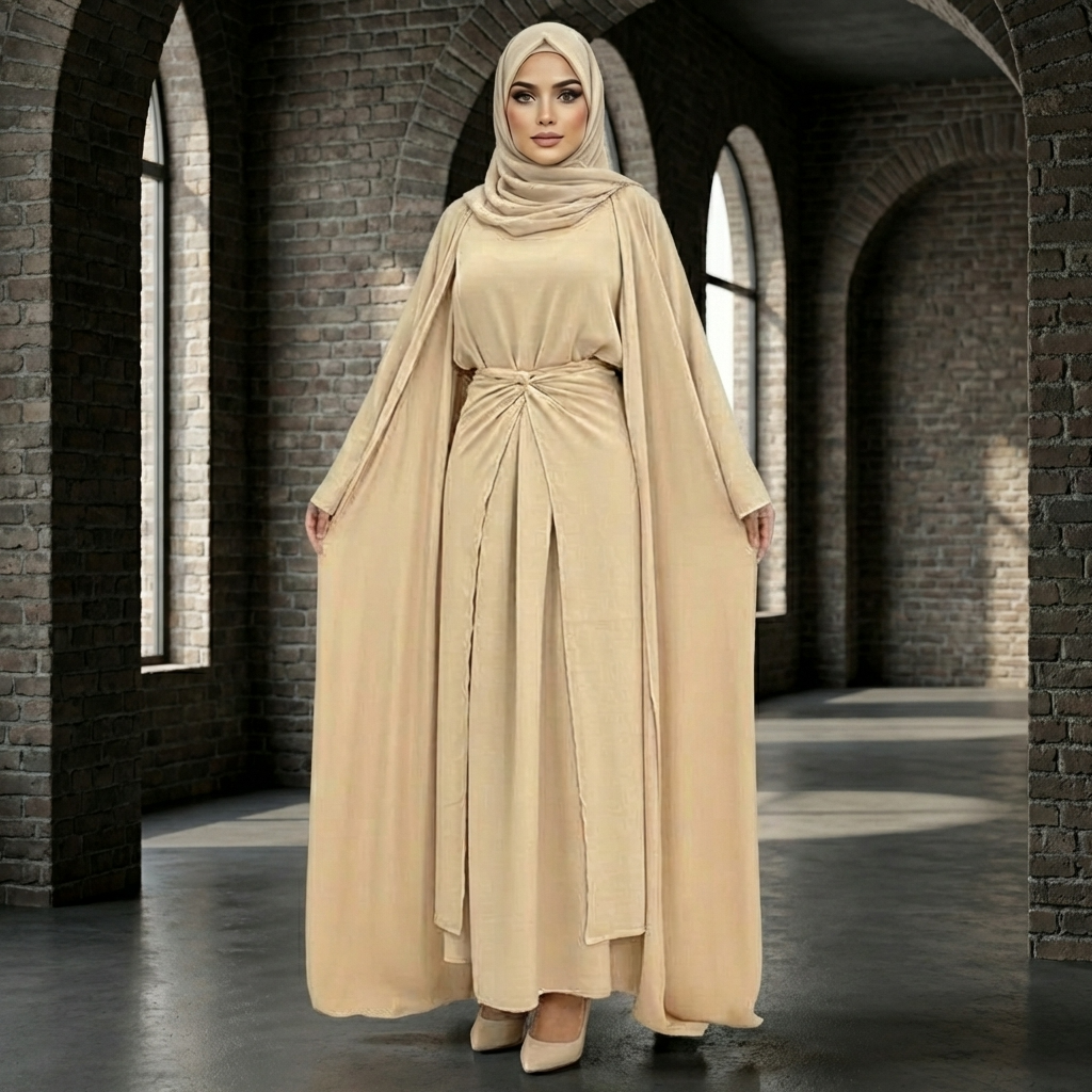 The Amber Three-Piece Abaya Set - Beige