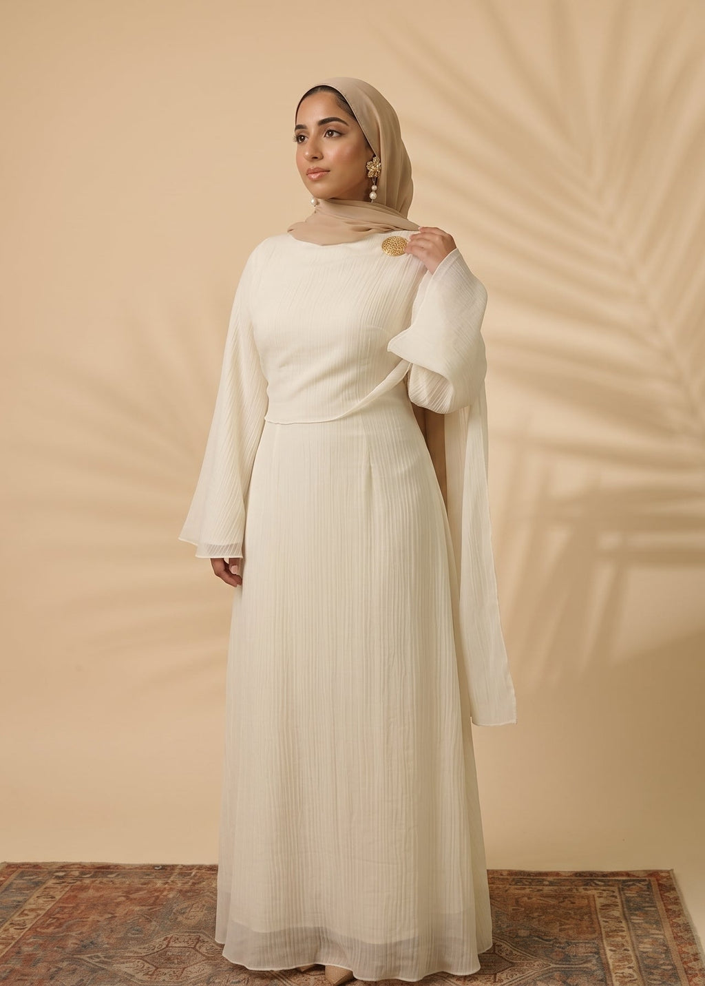 Aurelia Shawl Textured Overlay Modest Dress - White