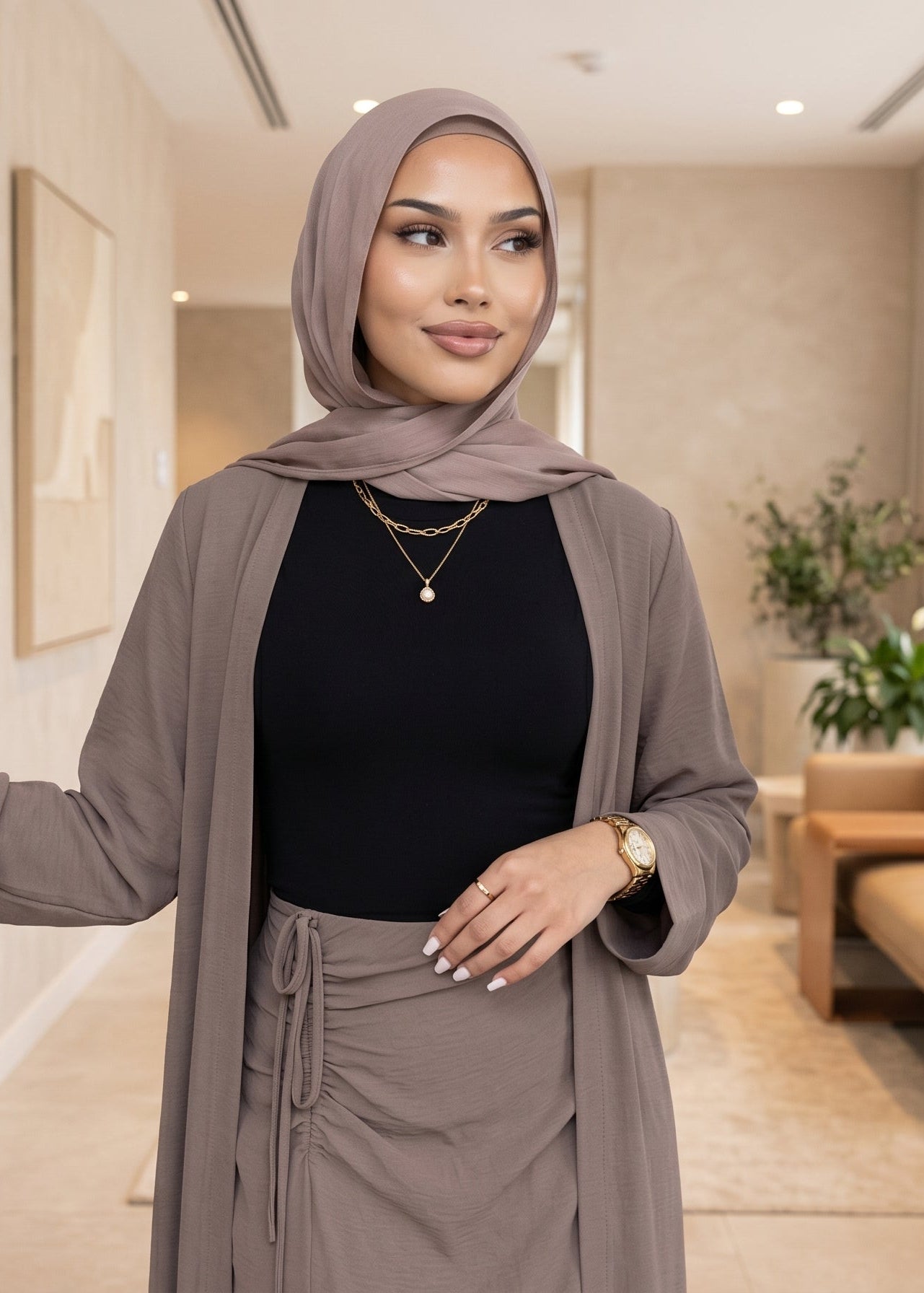 The Pearl Two-Piece Modest Kimono & Maxi Skirt Set - Rose Taupe