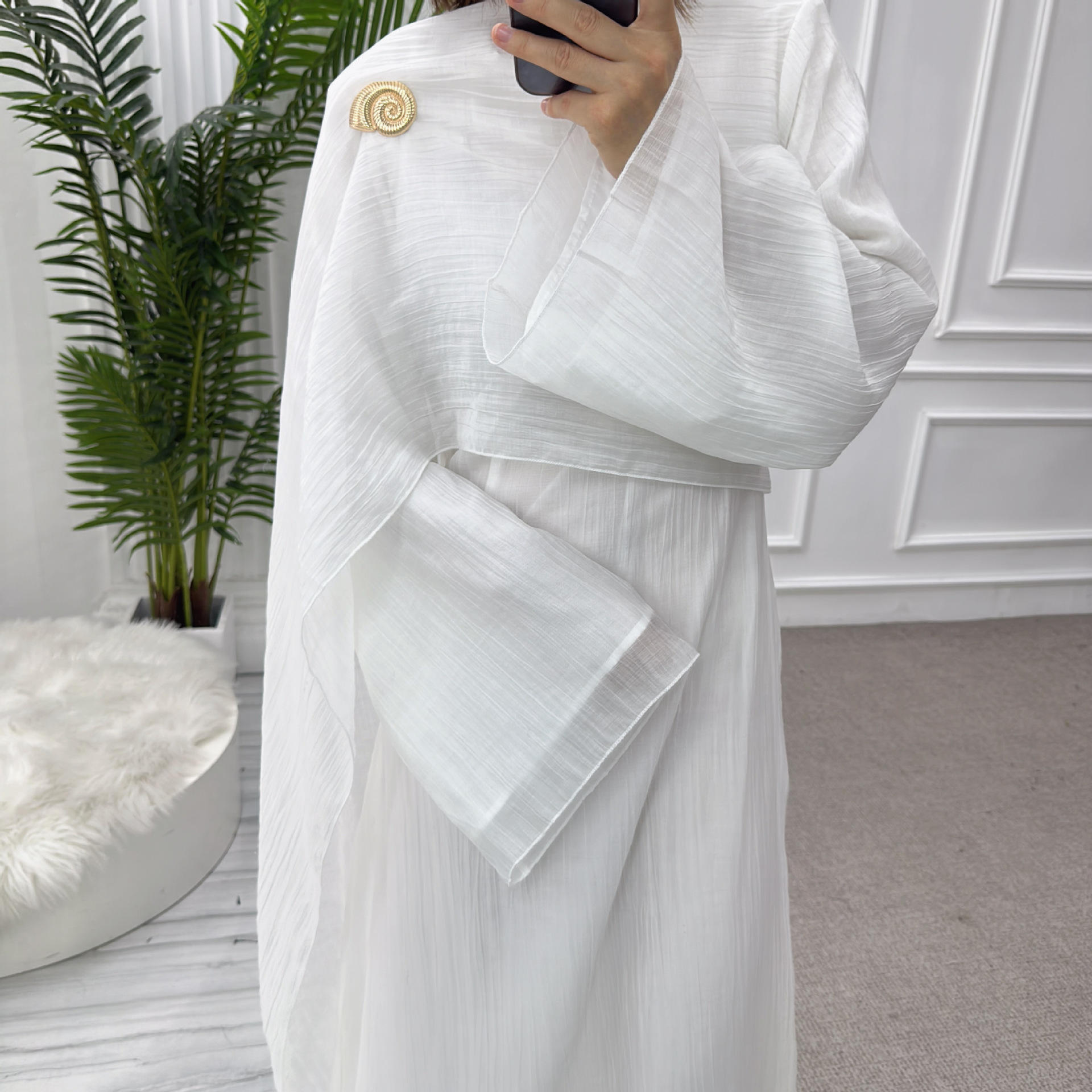 Aurelia Shawl Textured Overlay Modest Dress - White