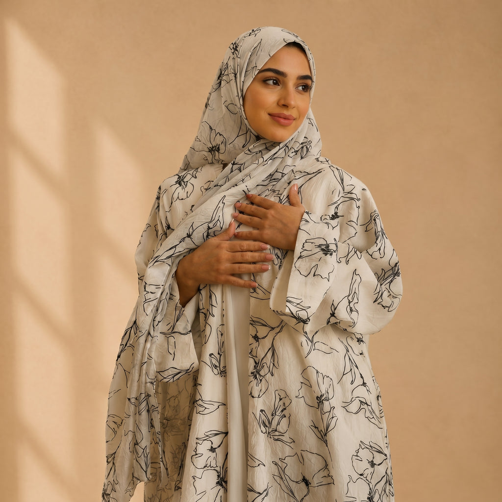 Woman wearing a white hijab with black floral patterns against a beige background